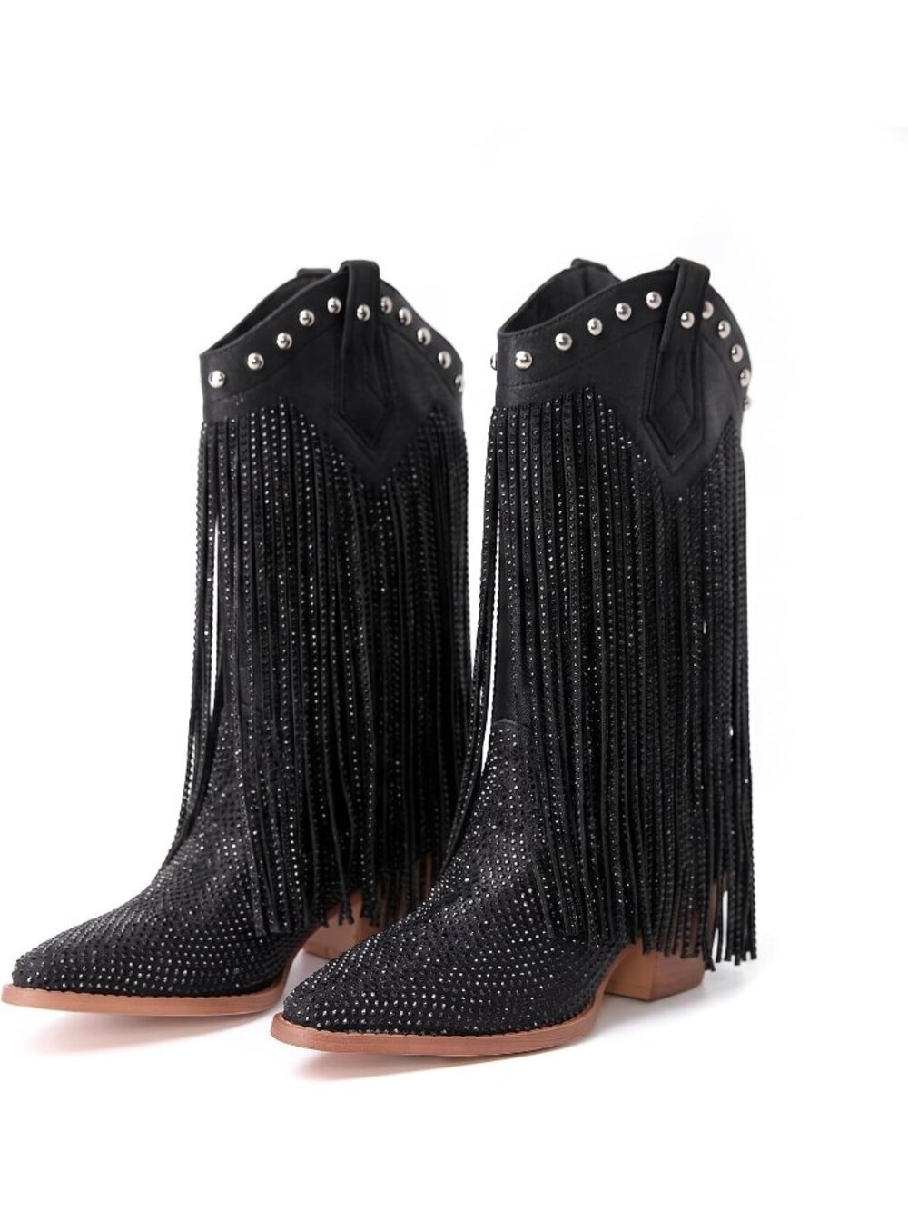Women's Black Rhinestone Sparkly Pointed Toe Fringe Chunky Heel Cowgirl Boots
